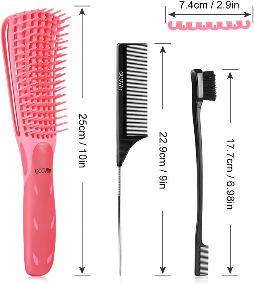 4 Pcs Detangling Brush,  Detangler Brush, Easy Detangler Brush with Edge Brush & Tail Comb, Detangling Brush for Black Natural Hair, Afro America 3A to 4C Hair, Wet/Dry Thick Curly Hair (Pink)