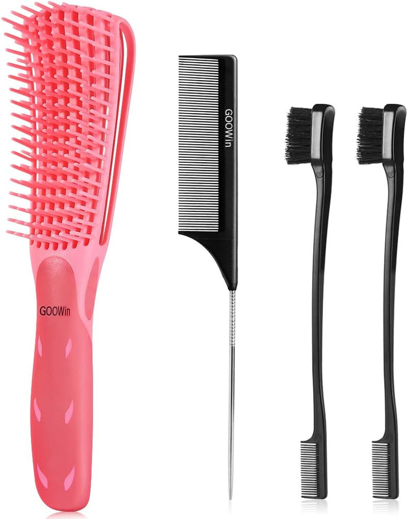 4 Pcs Detangling Brush,  Detangler Brush, Easy Detangler Brush with Edge Brush & Tail Comb, Detangling Brush for Black Natural Hair, Afro America 3A to 4C Hair, Wet/Dry Thick Curly Hair (Pink)